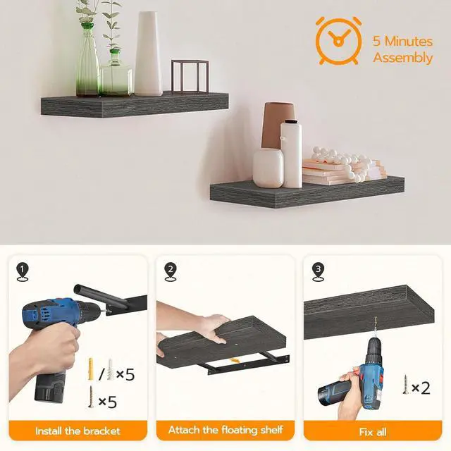 Alt view image 7 of 7 - Floating Shelves for Wall, Wall Mounted Shelf Set of 2, 15.7" Hanging Shelf with Invisible Brackets, for Wall Decor Storage in Bathroom Bedroom Kitchen Livingroom Office, Charcoal Gray BC40BJ01