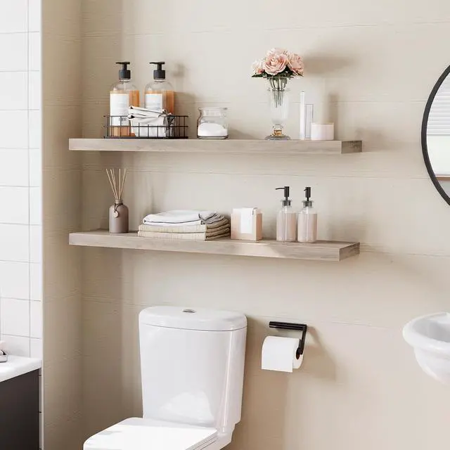 Alt view image 2 of 7 - Floating Shelves for Wall, Wall Mounted Shelf Set of 2, 39.4" Hanging Shelf with Invisible Brackets, for Wall Decor Storage in Bathroom Bedroom Kitchen Living Room Office, Greige BG100BJP201