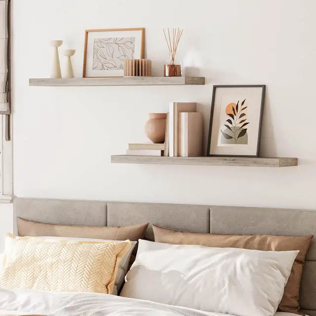 Alt view image 5 of 7 - Floating Shelves for Wall, Wall Mounted Shelf Set of 2, 39.4" Hanging Shelf with Invisible Brackets, for Wall Decor Storage in Bathroom Bedroom Kitchen Living Room Office, Greige BG100BJP201