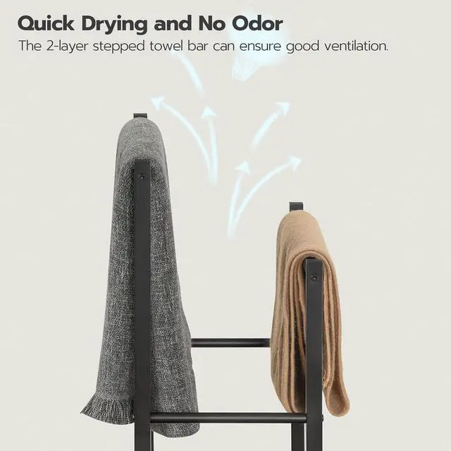 Alt view image 3 of 7 - Free Standing Towel Rack, 3 Tier Blanket Rack, Blanket Holder for Bathroom, 23.6" L x 11" W x 31.9" H, Industrial Metal Drying and Display Rack with Shelf, Rustic Brown and Black BF06LB01