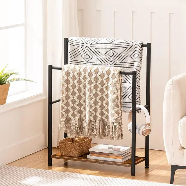 Alt view image 2 of 7 - Free Standing Towel Rack for Bathroom, 22" L x 9.4" W x 31.5" H, 2 Tier Blanket Rack, Blanket Holder, Drying and Display Rack with Shelf, Rustic Brown and Black BF04LB01