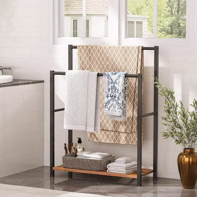 Alt view image 3 of 7 - Free Standing Towel Rack for Bathroom, 22" L x 9.4" W x 31.5" H, 2 Tier Blanket Rack, Blanket Holder, Drying and Display Rack with Shelf, Rustic Brown and Black BF04LB01