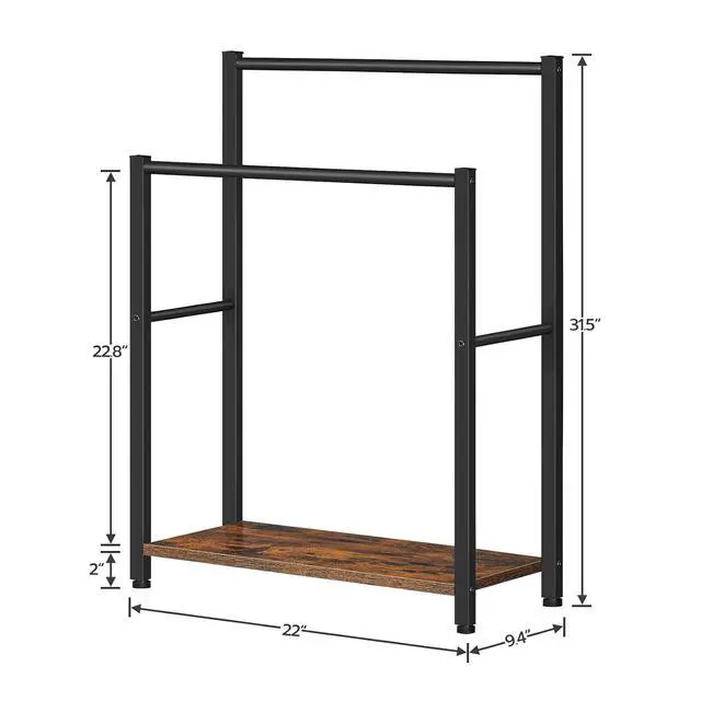 Alt view image 6 of 7 - Free Standing Towel Rack for Bathroom, 22" L x 9.4" W x 31.5" H, 2 Tier Blanket Rack, Blanket Holder, Drying and Display Rack with Shelf, Rustic Brown and Black BF04LB01