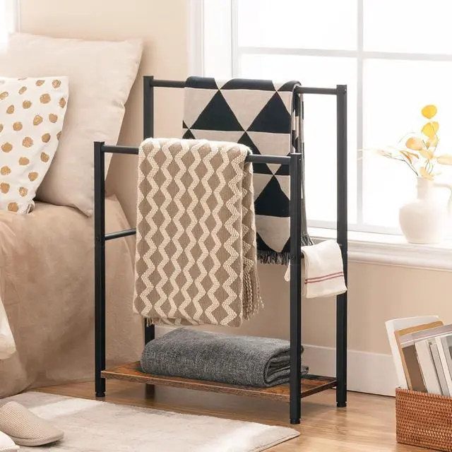 Alt view image 5 of 7 - Free Standing Towel Rack for Bathroom, 22" L x 9.4" W x 31.5" H, 2 Tier Blanket Rack, Blanket Holder, Drying and Display Rack with Shelf, Rustic Brown and Black BF04LB01