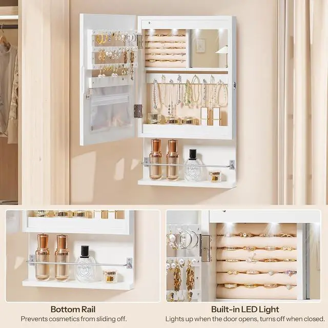 Alt view image 6 of 7 - Wall Mounted Jewelry Cabinet, LED Jewelry Armoire with Interior Mirror, Hanging Jewelry Organizer for Wall, Lockable Jewelry Storage Cabinet, 3.9 x 11.8 x 20.9 Inches, White