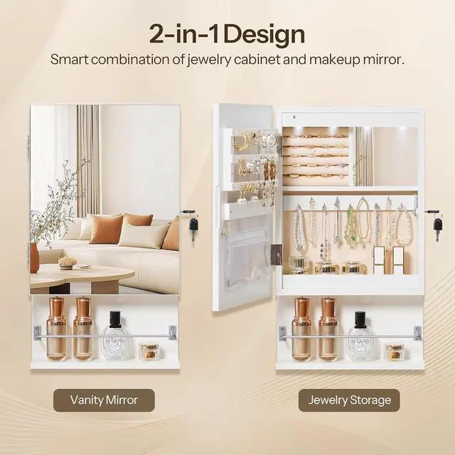 Alt view image 5 of 7 - Wall Mounted Jewelry Cabinet, LED Jewelry Armoire with Interior Mirror, Hanging Jewelry Organizer for Wall, Lockable Jewelry Storage Cabinet, 3.9 x 11.8 x 20.9 Inches, White