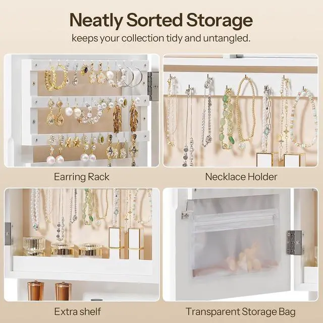 Alt view image 7 of 7 - Wall Mounted Jewelry Cabinet, LED Jewelry Armoire with Interior Mirror, Hanging Jewelry Organizer for Wall, Lockable Jewelry Storage Cabinet, 3.9 x 11.8 x 20.9 Inches, White