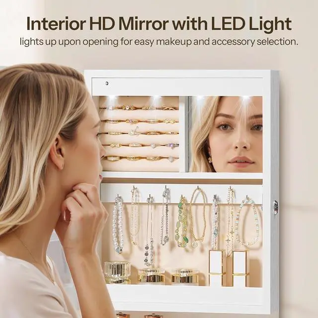 Alt view image 4 of 7 - Wall Mounted Jewelry Cabinet, LED Jewelry Armoire with Interior Mirror, Hanging Jewelry Organizer for Wall, Lockable Jewelry Storage Cabinet, 3.9 x 11.8 x 20.9 Inches, White