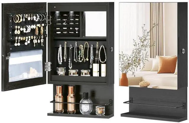 Main image of Wall Mounted Jewelry Cabinet, LED Jewelry Armoire with Interior Mirror, Hanging Jewelry Organizer for Wall, Lockable Jewelry Storage Cabinet, 3.9 x 11.8 x 20.9 Inches, Black