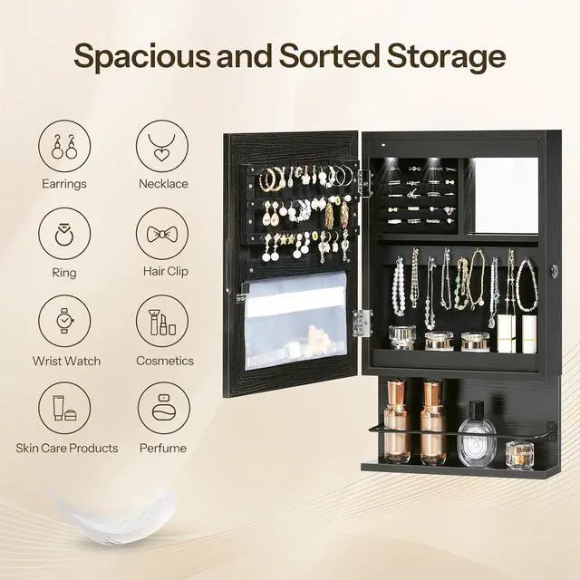 Alt view image 3 of 7 - Wall Mounted Jewelry Cabinet, LED Jewelry Armoire with Interior Mirror, Hanging Jewelry Organizer for Wall, Lockable Jewelry Storage Cabinet, 3.9 x 11.8 x 20.9 Inches, Black