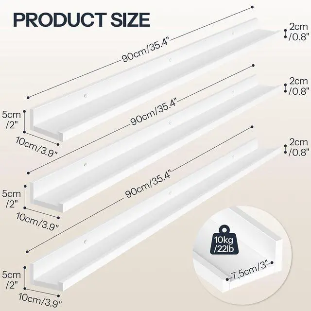 Alt view image 3 of 7 - Floating Shelves, Wall Shelf Set of 3, 35.4 Inches Hanging Shelf with Raised Edge and Invisible Brackets, for Bathroom, Bedroom, Kitchen, Office, Living Room Decor, White WT90BJ01