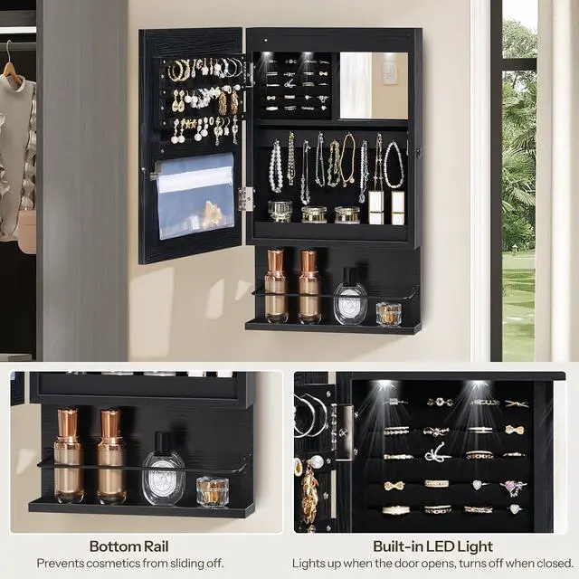 Alt view image 6 of 7 - Wall Mounted Jewelry Cabinet, LED Jewelry Armoire with Interior Mirror, Hanging Jewelry Organizer for Wall, Lockable Jewelry Storage Cabinet, 3.9 x 11.8 x 20.9 Inches, Black