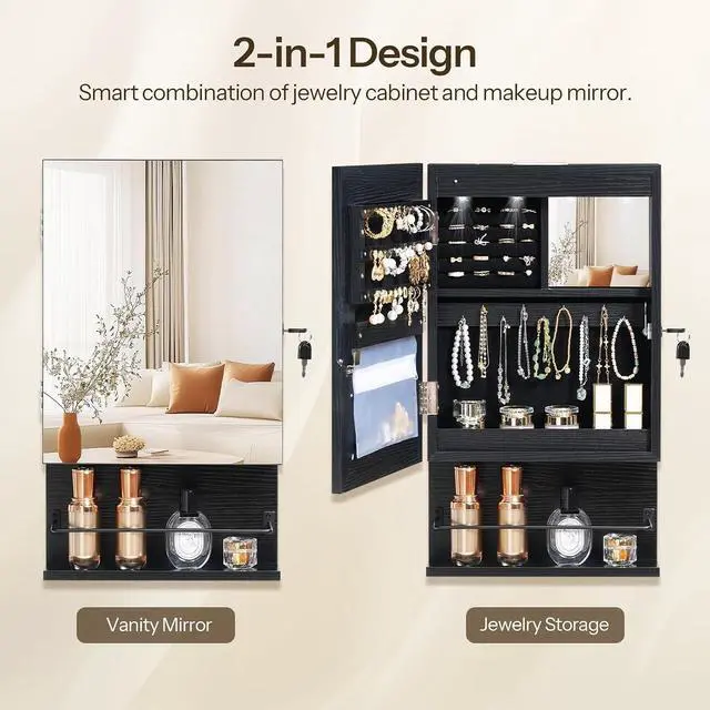 Alt view image 5 of 7 - Wall Mounted Jewelry Cabinet, LED Jewelry Armoire with Interior Mirror, Hanging Jewelry Organizer for Wall, Lockable Jewelry Storage Cabinet, 3.9 x 11.8 x 20.9 Inches, Black
