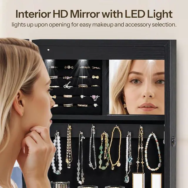 Alt view image 4 of 7 - Wall Mounted Jewelry Cabinet, LED Jewelry Armoire with Interior Mirror, Hanging Jewelry Organizer for Wall, Lockable Jewelry Storage Cabinet, 3.9 x 11.8 x 20.9 Inches, Black