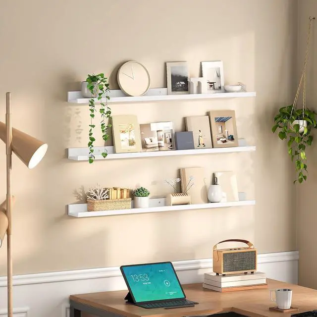 Alt view image 5 of 7 - Floating Shelves, Wall Shelf Set of 3, 35.4 Inches Hanging Shelf with Raised Edge and Invisible Brackets, for Bathroom, Bedroom, Kitchen, Office, Living Room Decor, White WT90BJ01