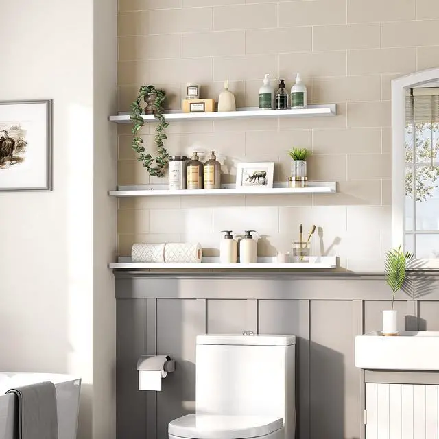 Alt view image 4 of 7 - Floating Shelves, Wall Shelf Set of 3, 35.4 Inches Hanging Shelf with Raised Edge and Invisible Brackets, for Bathroom, Bedroom, Kitchen, Office, Living Room Decor, White WT90BJ01