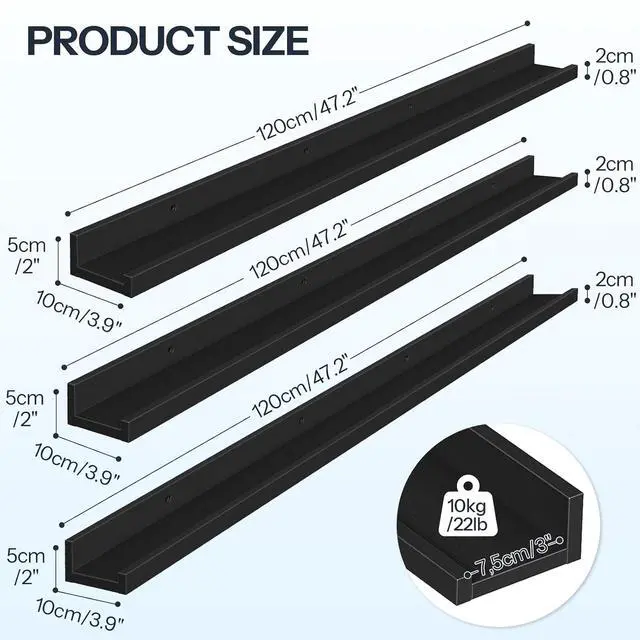 Alt view image 3 of 7 - Floating Shelves, Wall Shelf Set of 3, 47.2 Inches Hanging Shelf with Raised Edge and Invisible Brackets, for Bathroom, Bedroom, Kitchen, Office, Living Room Decor, Black BK92BJ01