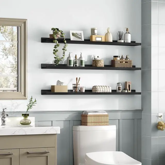 Alt view image 2 of 7 - Floating Shelves, Wall Shelf Set of 3, 47.2 Inches Hanging Shelf with Raised Edge and Invisible Brackets, for Bathroom, Bedroom, Kitchen, Office, Living Room Decor, Black BK92BJ01