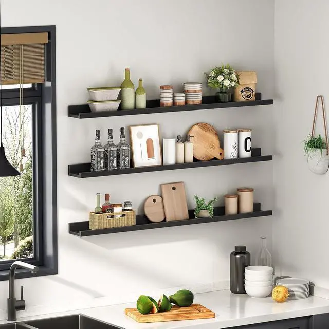 Alt view image 4 of 7 - Floating Shelves, Wall Shelf Set of 3, 47.2 Inches Hanging Shelf with Raised Edge and Invisible Brackets, for Bathroom, Bedroom, Kitchen, Office, Living Room Decor, Black BK92BJ01