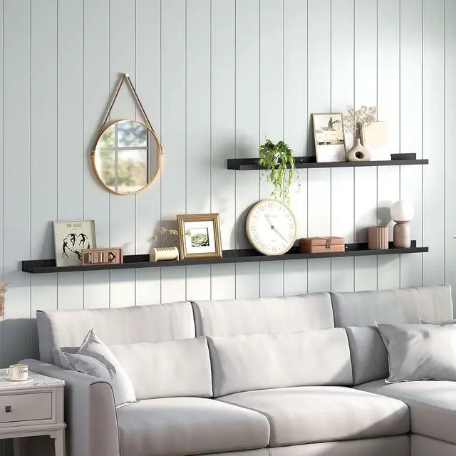Alt view image 5 of 7 - Floating Shelves, Wall Shelf Set of 3, 47.2 Inches Hanging Shelf with Raised Edge and Invisible Brackets, for Bathroom, Bedroom, Kitchen, Office, Living Room Decor, Black BK92BJ01