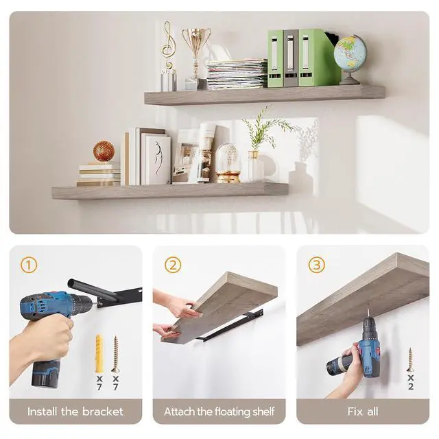 Alt view image 5 of 7 - Floating Shelves for Wall, Wall Mounted Shelf Set of 2, 23.6" Hanging Shelf with Invisible Brackets, for Wall in Bathroom, Bedroom, Toilet, Kitchen, Living Room, Office, Greige BG60BJ01G1