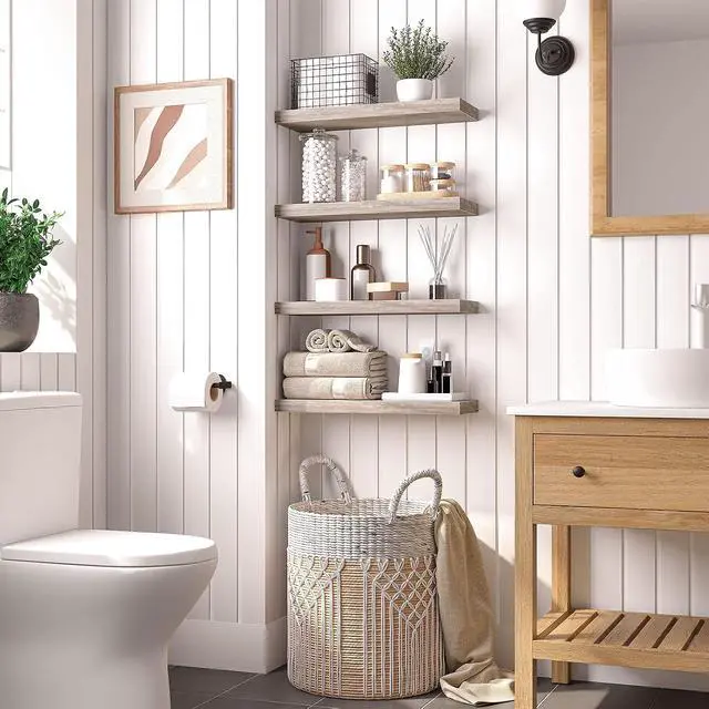 Alt view image 2 of 7 - Floating Shelves for Wall, Wall Mounted Shelf Set of 2, 23.6" Hanging Shelf with Invisible Brackets, for Wall in Bathroom, Bedroom, Toilet, Kitchen, Living Room, Office, Greige BG60BJ01G1