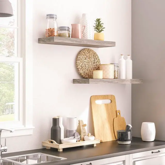 Alt view image 6 of 7 - Floating Shelves for Wall, Wall Mounted Shelf Set of 2, 23.6" Hanging Shelf with Invisible Brackets, for Wall in Bathroom, Bedroom, Toilet, Kitchen, Living Room, Office, Greige BG60BJ01G1