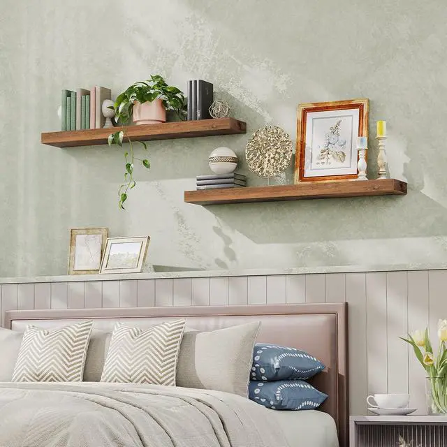 Alt view image 2 of 7 - Floating Shelves for Wall, Wall Mounted Shelf Set of 2, 47.2" Hanging Shelf with Invisible Brackets, for Wall Storage in Bathroom Bedroom Kitchen Living Room Office, Rustic Brown BF120BJP201