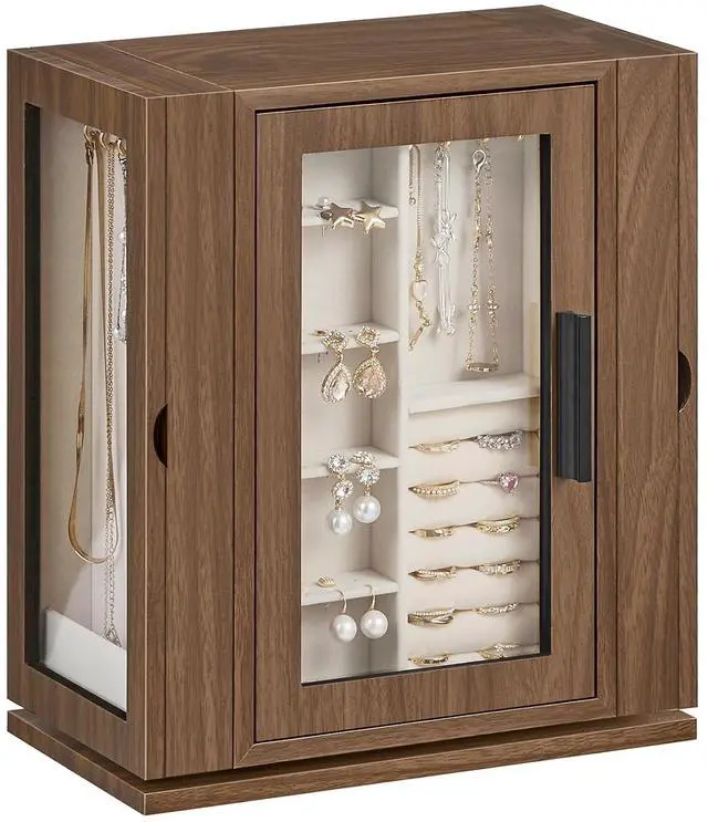 Main image of 360° Rotating Jewelry Box, Wooden Jewelry Organizer, Large Jewelry Storage Case with 5 Drawers and Acrylic Doors, Jewelry Display Box for Necklaces, Rings, Earrings, Bracelets, Walnut BH30JB04