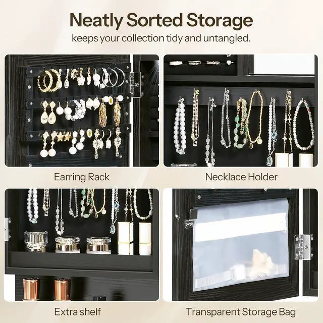 Alt view image 7 of 7 - Wall Mounted Jewelry Cabinet, LED Jewelry Armoire with Interior Mirror, Hanging Jewelry Organizer for Wall, Lockable Jewelry Storage Cabinet, 3.9 x 11.8 x 20.9 Inches, Black