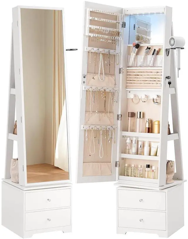 Main image of 360° Swivel Jewelry Cabinet with LED Lights, Standing Jewelry Armoire with 2 Drawers, Rotatable Full-Length Mirror Jewelry Organizer, Lockable Jewelry Storage Cabinet Makeup Brush Boxes, White