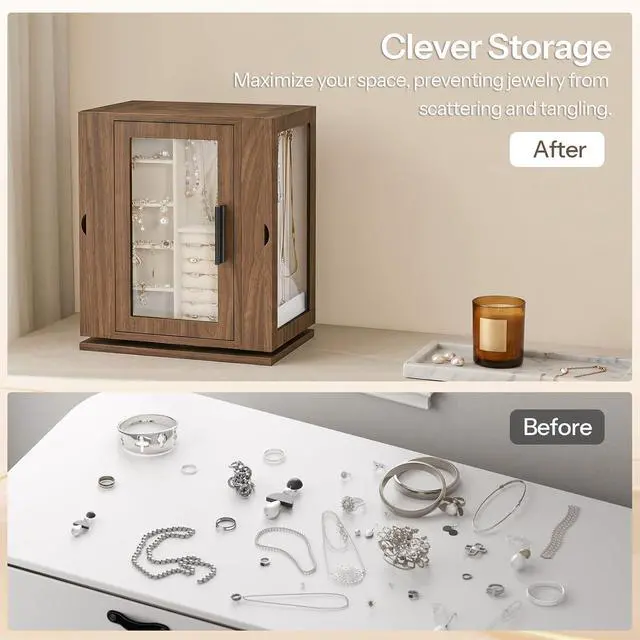 Alt view image 4 of 7 - 360° Rotating Jewelry Box, Wooden Jewelry Organizer, Large Jewelry Storage Case with 5 Drawers and Acrylic Doors, Jewelry Display Box for Necklaces, Rings, Earrings, Bracelets, Walnut BH30JB04