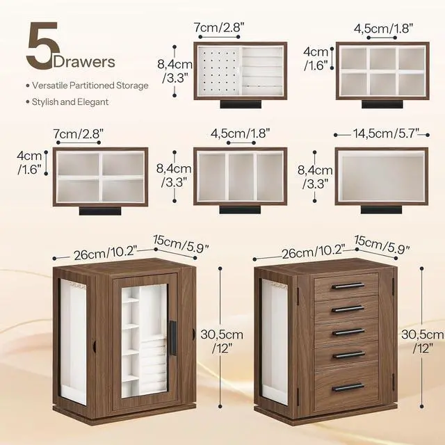 Alt view image 6 of 7 - 360° Rotating Jewelry Box, Wooden Jewelry Organizer, Large Jewelry Storage Case with 5 Drawers and Acrylic Doors, Jewelry Display Box for Necklaces, Rings, Earrings, Bracelets, Walnut BH30JB04