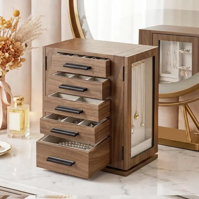 Alt view image 3 of 7 - 360° Rotating Jewelry Box, Wooden Jewelry Organizer, Large Jewelry Storage Case with 5 Drawers and Acrylic Doors, Jewelry Display Box for Necklaces, Rings, Earrings, Bracelets, Walnut BH30JB04