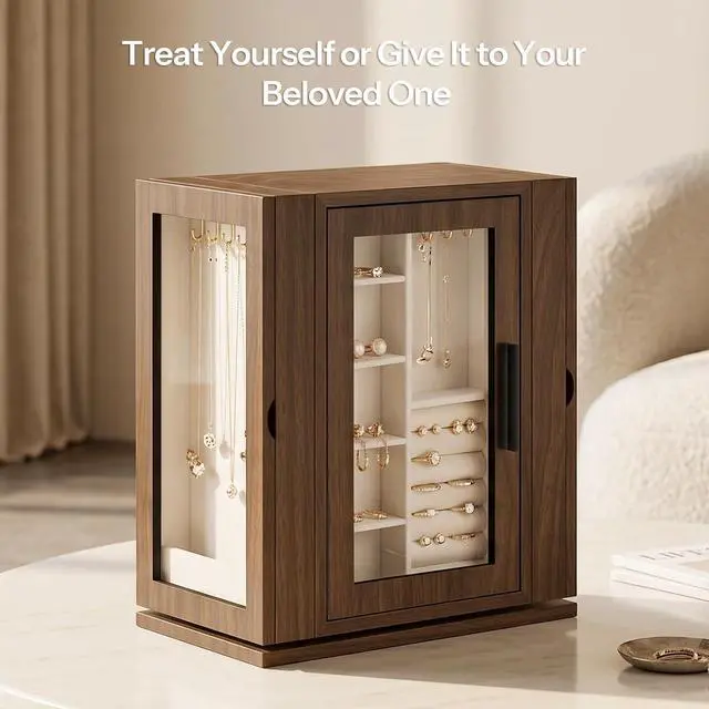 Alt view image 5 of 7 - 360° Rotating Jewelry Box, Wooden Jewelry Organizer, Large Jewelry Storage Case with 5 Drawers and Acrylic Doors, Jewelry Display Box for Necklaces, Rings, Earrings, Bracelets, Walnut BH30JB04