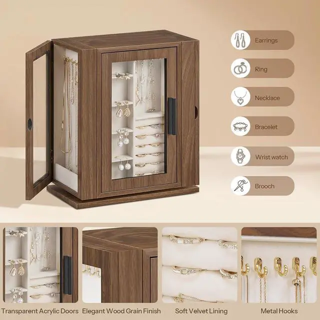 Alt view image 7 of 7 - 360° Rotating Jewelry Box, Wooden Jewelry Organizer, Large Jewelry Storage Case with 5 Drawers and Acrylic Doors, Jewelry Display Box for Necklaces, Rings, Earrings, Bracelets, Walnut BH30JB04