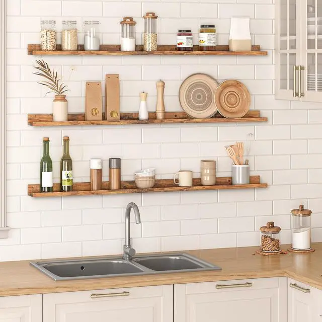 Alt view image 2 of 7 - Floating Shelves, Wall Shelf Set of 3, 47.2 Inches Hanging Shelf with Raised Edge and Invisible Brackets, for Bathroom, Bedroom, Kitchen, Office, Living Room Decor, Rustic Brown BF92BJ01