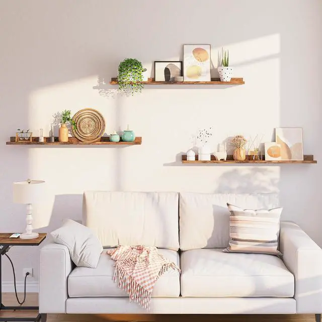 Alt view image 4 of 7 - Floating Shelves, Wall Shelf Set of 3, 47.2 Inches Hanging Shelf with Raised Edge and Invisible Brackets, for Bathroom, Bedroom, Kitchen, Office, Living Room Decor, Rustic Brown BF92BJ01