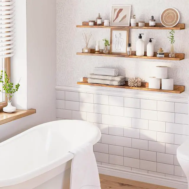 Alt view image 5 of 7 - Floating Shelves, Wall Shelf Set of 3, 47.2 Inches Hanging Shelf with Raised Edge and Invisible Brackets, for Bathroom, Bedroom, Kitchen, Office, Living Room Decor, Rustic Brown BF92BJ01