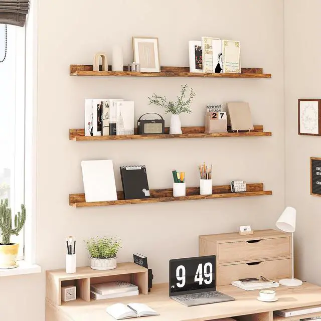 Alt view image 7 of 7 - Floating Shelves, Wall Shelf Set of 3, 47.2 Inches Hanging Shelf with Raised Edge and Invisible Brackets, for Bathroom, Bedroom, Kitchen, Office, Living Room Decor, Rustic Brown BF92BJ01