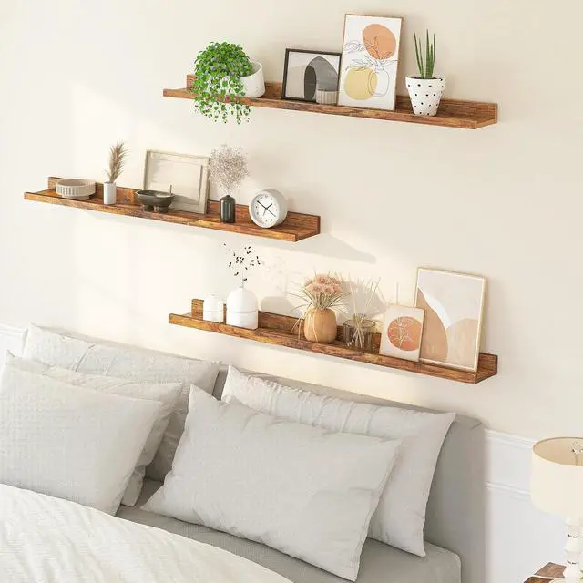 Alt view image 6 of 7 - Floating Shelves, Wall Shelf Set of 3, 47.2 Inches Hanging Shelf with Raised Edge and Invisible Brackets, for Bathroom, Bedroom, Kitchen, Office, Living Room Decor, Rustic Brown BF92BJ01
