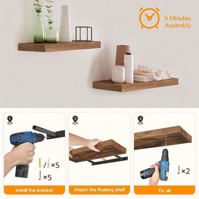 Alt view image 7 of 7 - Floating Shelves for Wall, Wall Mounted Shelf Set of 2, 47.2" Hanging Shelf with Invisible Brackets, for Wall Storage in Bathroom Bedroom Kitchen Living Room Office, Rustic Brown BF120BJP201