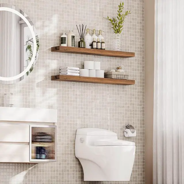 Alt view image 4 of 7 - Floating Shelves for Wall, Wall Mounted Shelf Set of 2, 47.2" Hanging Shelf with Invisible Brackets, for Wall Storage in Bathroom Bedroom Kitchen Living Room Office, Rustic Brown BF120BJP201