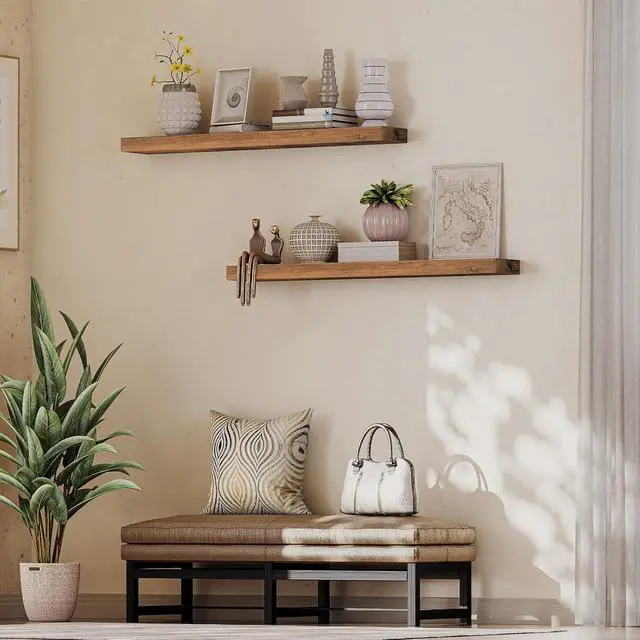 Alt view image 6 of 7 - Floating Shelves for Wall, Wall Mounted Shelf Set of 2, 47.2" Hanging Shelf with Invisible Brackets, for Wall Storage in Bathroom Bedroom Kitchen Living Room Office, Rustic Brown BF120BJP201