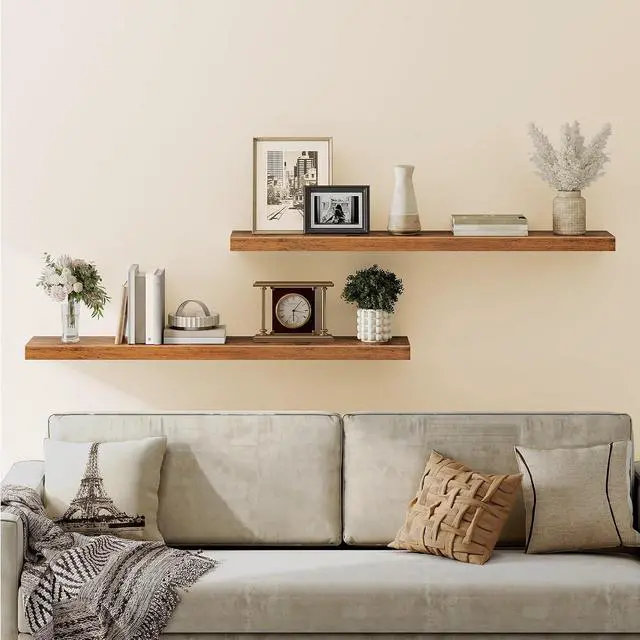 Alt view image 2 of 7 - Floating Shelves for Wall, Wall Mounted Shelf Set of 2, 55" Hanging Shelf with Invisible Brackets, for Wall Storage in Bathroom Bedroom Kitchen Living Room Office, Rustic Brown BF140BJP201