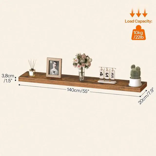 Alt view image 3 of 7 - Floating Shelves for Wall, Wall Mounted Shelf Set of 2, 55" Hanging Shelf with Invisible Brackets, for Wall Storage in Bathroom Bedroom Kitchen Living Room Office, Rustic Brown BF140BJP201