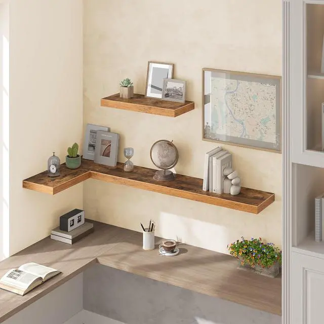 Alt view image 4 of 7 - Floating Shelves for Wall, Wall Mounted Shelf Set of 2, 55" Hanging Shelf with Invisible Brackets, for Wall Storage in Bathroom Bedroom Kitchen Living Room Office, Rustic Brown BF140BJP201