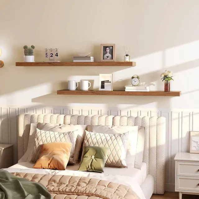 Alt view image 6 of 7 - Floating Shelves for Wall, Wall Mounted Shelf Set of 2, 55" Hanging Shelf with Invisible Brackets, for Wall Storage in Bathroom Bedroom Kitchen Living Room Office, Rustic Brown BF140BJP201