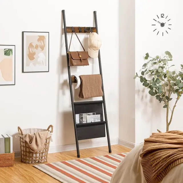 Alt view image 2 of 7 - Blanket Ladder, 5 Tier Towel Rack, 17.3" L x 63" H, Wall-Leaning Blanket Rack for Living Room, Decorative Ladder with 4 Hooks and Magazine Pocket, Rustic Brown BF32CJ01