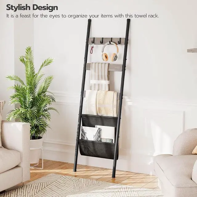Alt view image 2 of 7 - Blanket Ladder, 5 Tier Towel Rack, 17.3" L x 63" H, Wall-Leaning Blanket Rack for Living Room, Decorative Ladder with 4 Hooks and Magazine Pocket, Greige BG32CJ01
